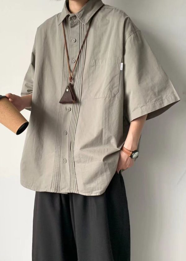 Loose Grey Button Button Cotton Mens Shirt Half Sleeve Online