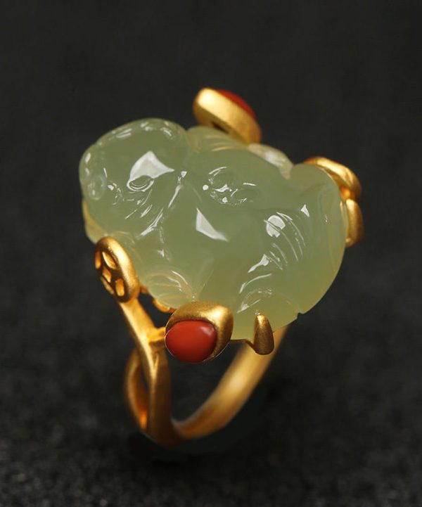 Classy Green Sterling Silver Overgild Jade A Mythical Wild Animal Rings Supply - Image 5
