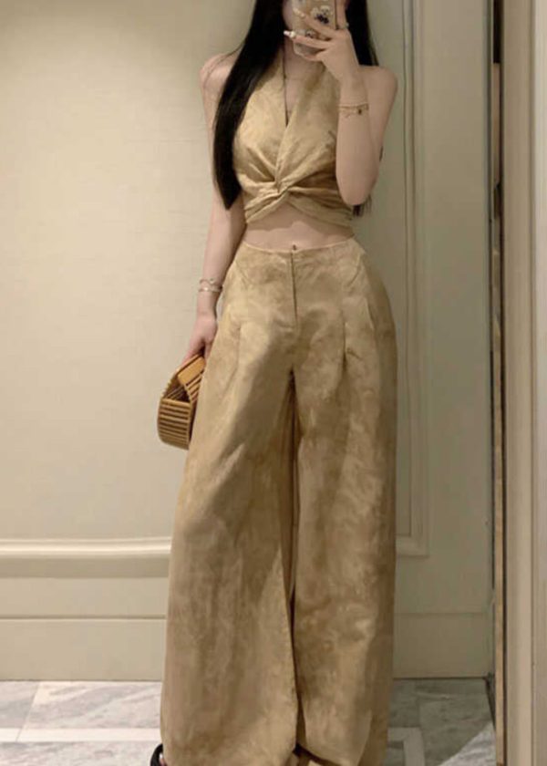 Original Design Halter Print Wrinkled Vest And Wide Leg Pants Two Pieces Set Sleeveless Online Sale - Image 2