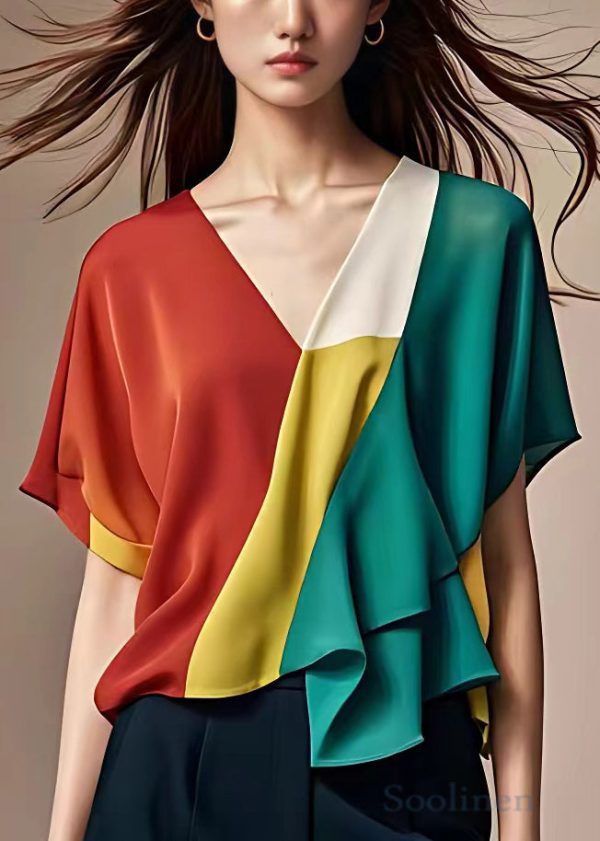 Stylish Red Asymmetrical Patchwork Chiffon Tops Summer For Discount - Image 2