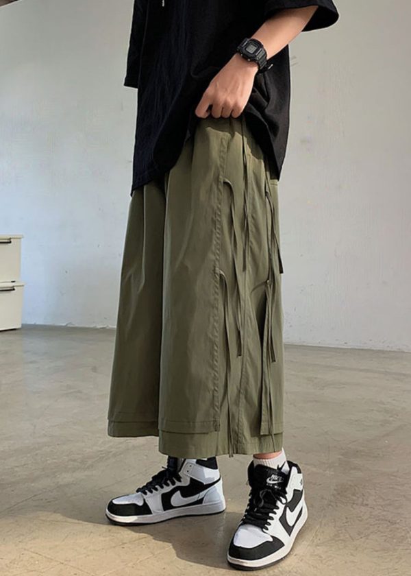 Army Green Pockets Patchwork Cotton Men Wide Leg Pants High Waist For Sale - Image 3