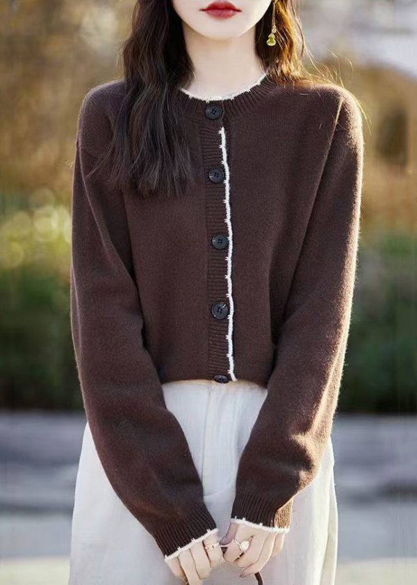 Classy Beige O Neck Button Wool Knit Cardigans Fall Cheap - Image 2