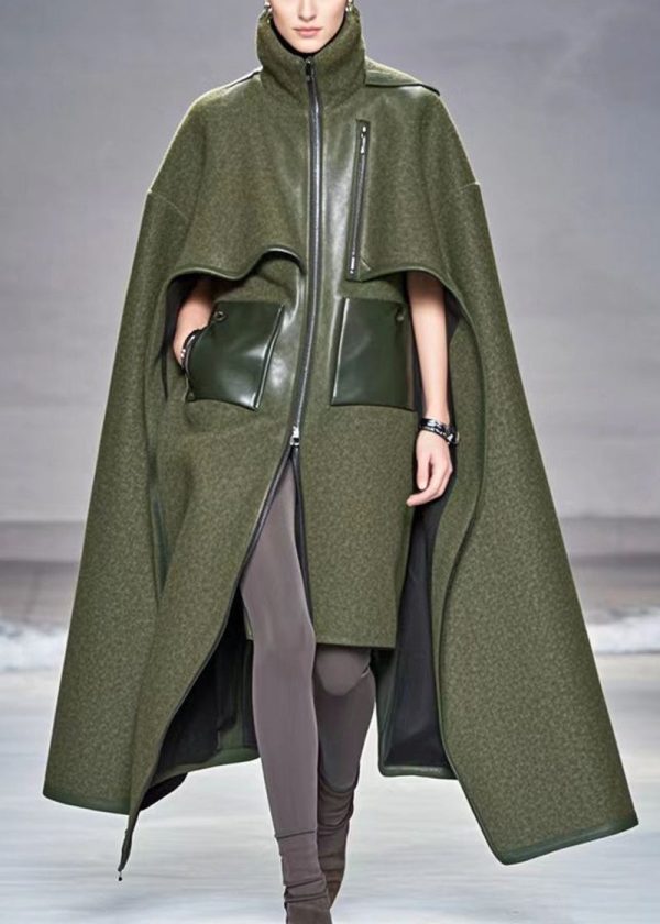 Bohemian Army Green Asymmetrical Patchwork Woolen Coats Fall on Sale