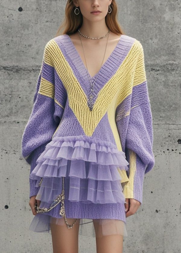 Modern Lavender V Neck Patchwork Tulle Long Sweater Fall Online Hot Sale
