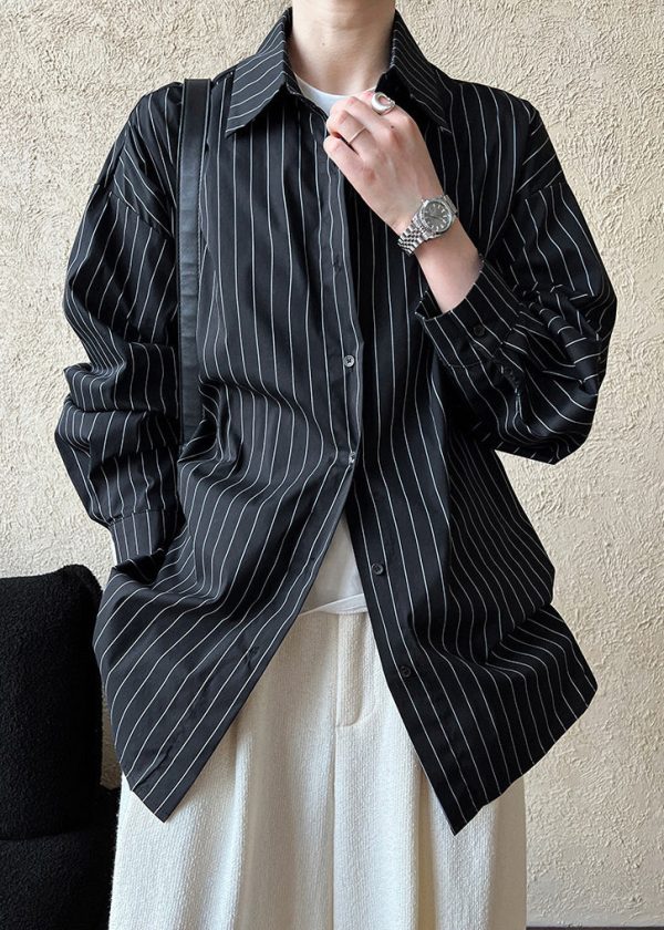 Loose Black Striped Button Shirt Fall Online - Image 3