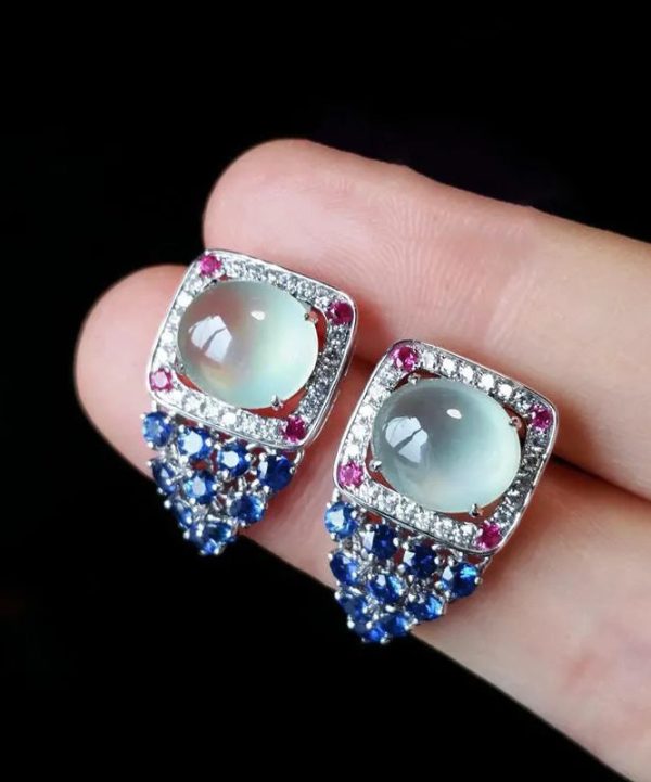 Unique Blue Sterling Silver Inlaid Zircon Gem Stone Stud Earrings Fashion