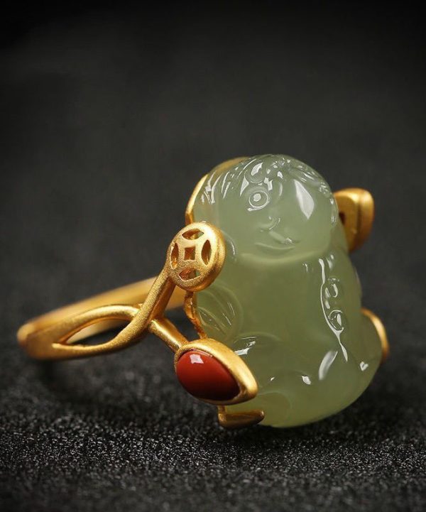 Classy Green Sterling Silver Overgild Jade A Mythical Wild Animal Rings Supply
