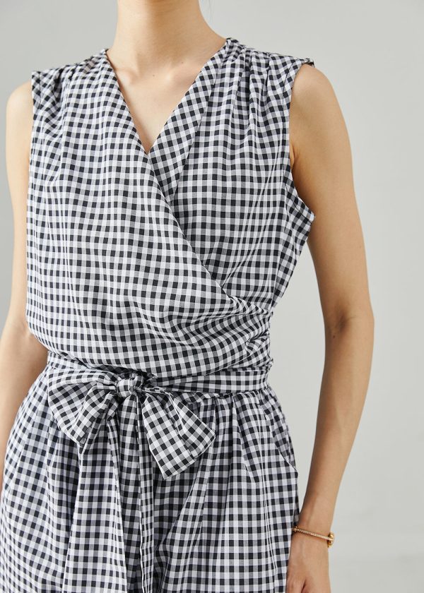 Modern Grey Plaid Tie Waist Cotton Jumpsuit Summer Supply - Image 5