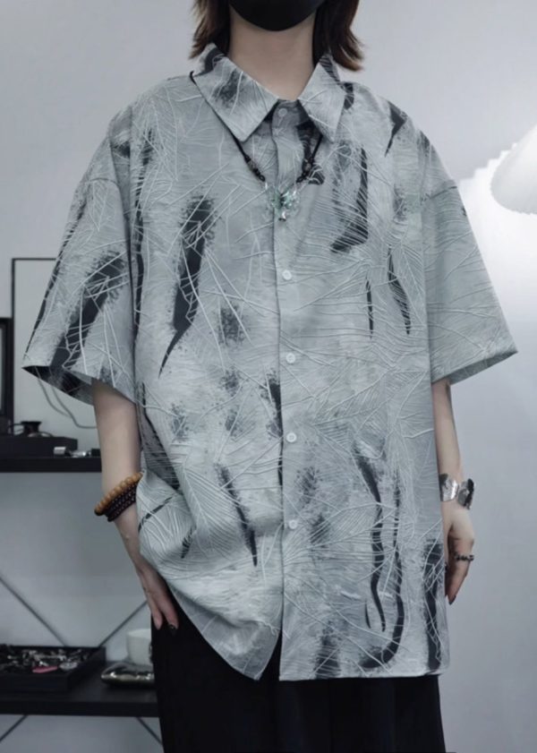 Art Grey Peter Pan Collar Print Cotton Men Shirt Summer Sale - Image 3