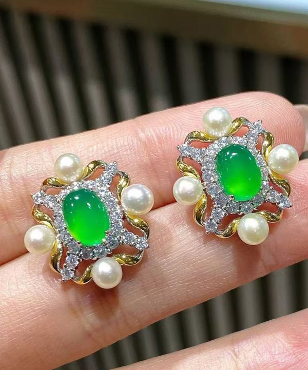 Fashion Green Sterling Silver Overgild Zircon Jade Pearl Stud Earrings Fashion - Image 3
