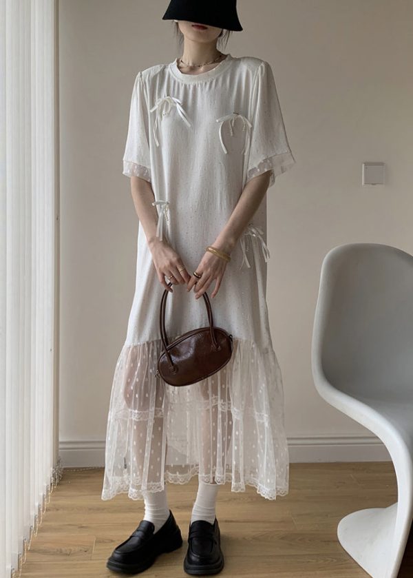White Bow Tulle Patchwork Cotton Summer Long Dress O Neck Online