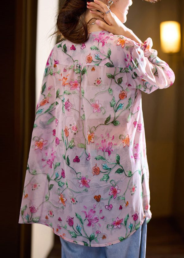 Beautiful Pink O Neck Print Loose Chiffon Blouse Top Fall Online now - Image 4