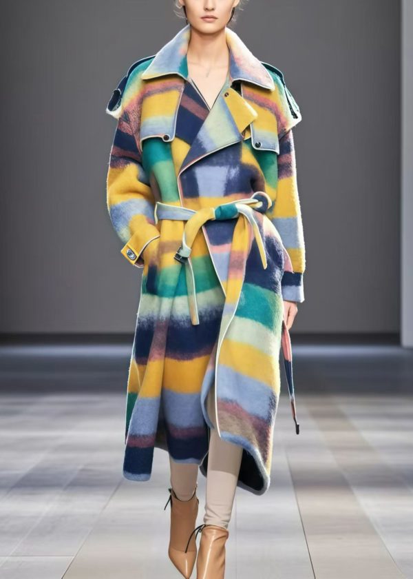 Boutique Multicolor Tie Waist Warm Woolen Trench Fall Sale - Image 3