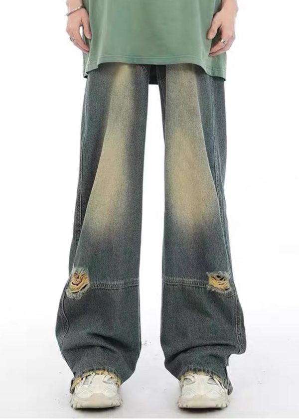Unique Denim Blue Pockets Patchwork Hole Men Pants For Sale