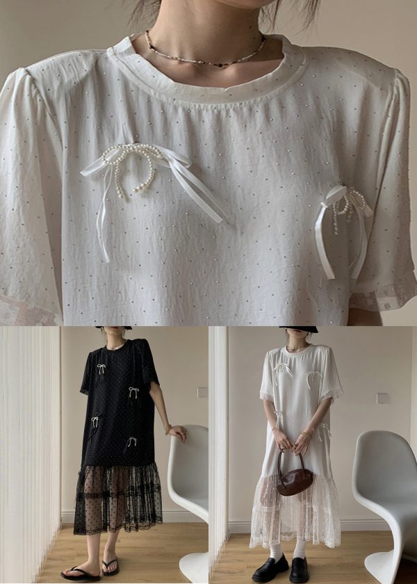 White Bow Tulle Patchwork Cotton Summer Long Dress O Neck Online - Image 5