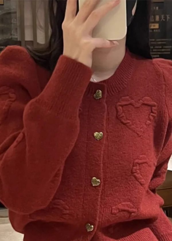 Elegant Red O Neck Button Knit Cardigan Fall Discount - Image 3