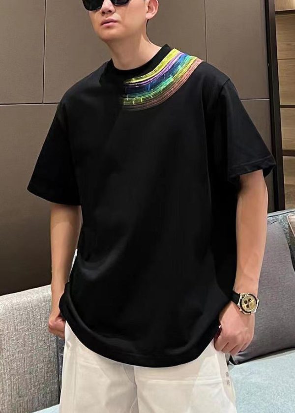 Plus Size Black Rainbow Print Cotton Men T Shirt Summer For Sale - Image 2