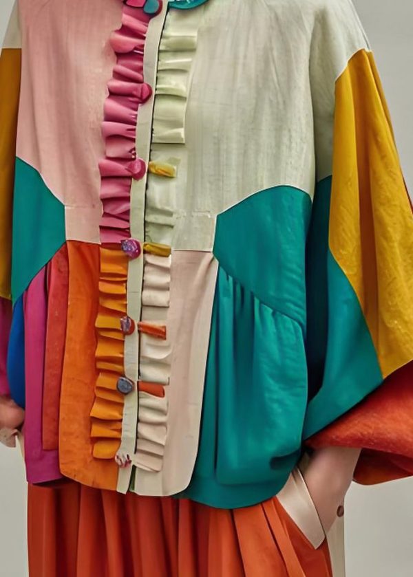 Boutique Colorblock Ruffled Patchwork Cotton Coat Lantern Sleeve Fashion - Image 4