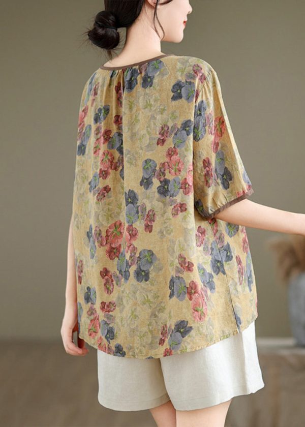 Yellow Print Loose Linen T Shirts O Neck Short Sleeve Sale - Image 4