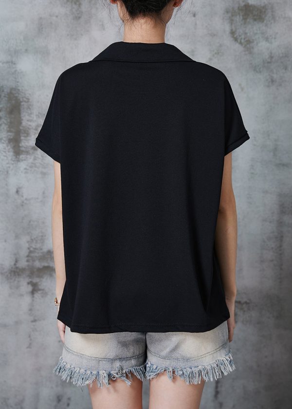 French Black Peter Pan Collar Print Cotton Top Summer Online now - Image 4
