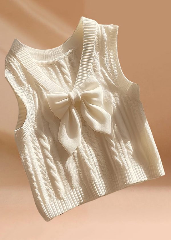 Art Beige V Neck Bow Cozy Knit Waistcoat Sleeveless Online - Image 5
