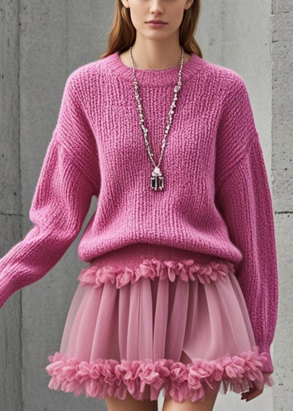 Stylish Rose Ruffled Patchwork Tulle Knit Sweater Dress Fall Online now - Image 3