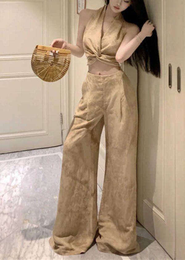 Original Design Halter Print Wrinkled Vest And Wide Leg Pants Two Pieces Set Sleeveless Online Sale - Image 5