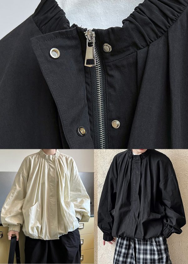 Black Stand Collar Wrinkled Coat Fall Online now - Image 5