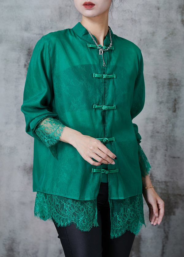 Art Green Chinese Button Patchwork Lace Shirt Tops Summer Sale
