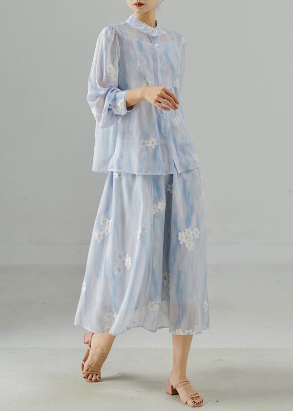 Women Sky Blue Embroidered Chiffon Two Pieces Set Summer Online - Image 2