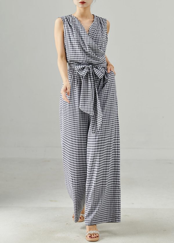 Modern Grey Plaid Tie Waist Cotton Jumpsuit Summer Supply - Image 3
