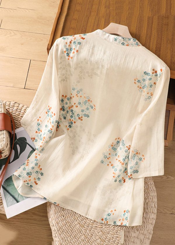 Vintage Apricot Stand Collar Print Cotton Shirt Half Sleeve Online Sale - Image 2