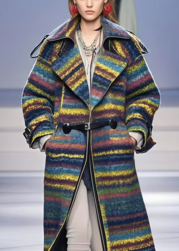 Elegant Multicolor Oversized Striped Woolen Trench Fall Sale - Image 2