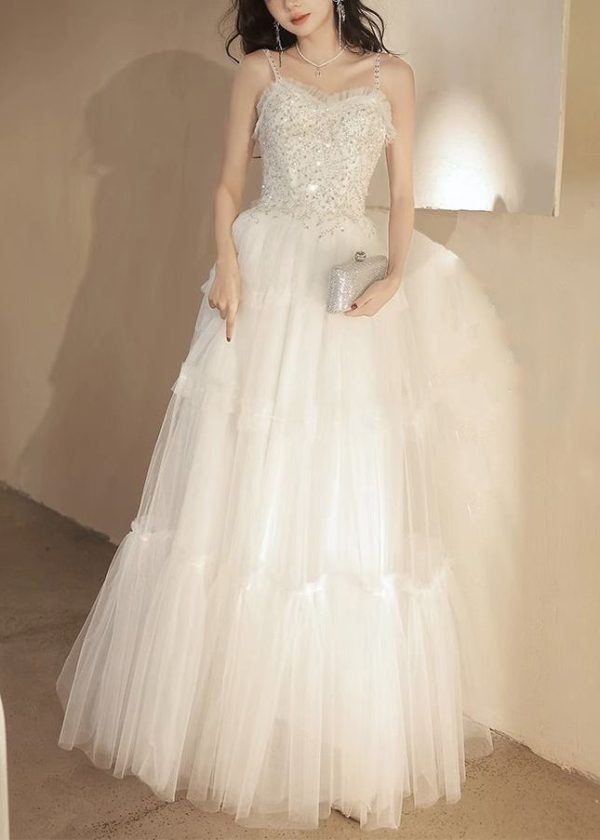 Elegant White Ruffled Sequins Tulle Spaghetti Strap Dress Sleeveless Supply