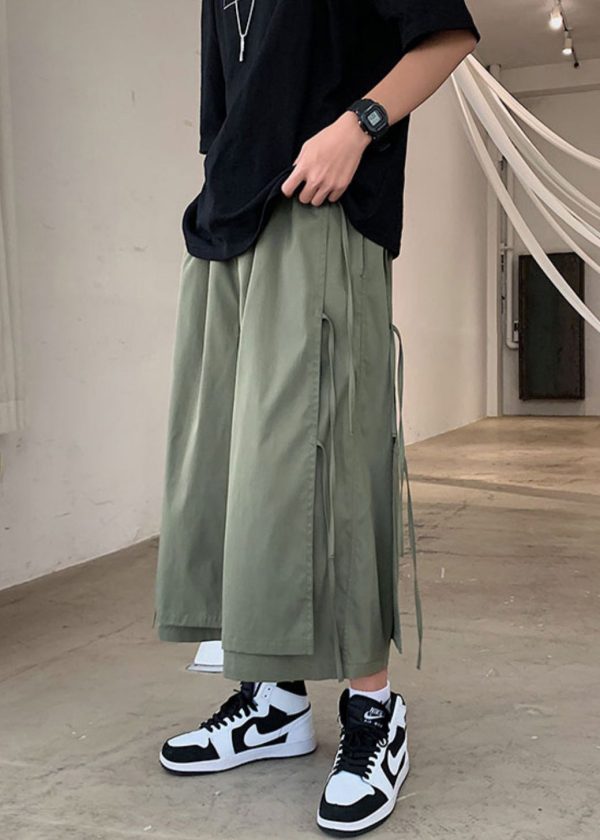 Army Green Pockets Patchwork Cotton Men Wide Leg Pants High Waist For Sale - Image 2