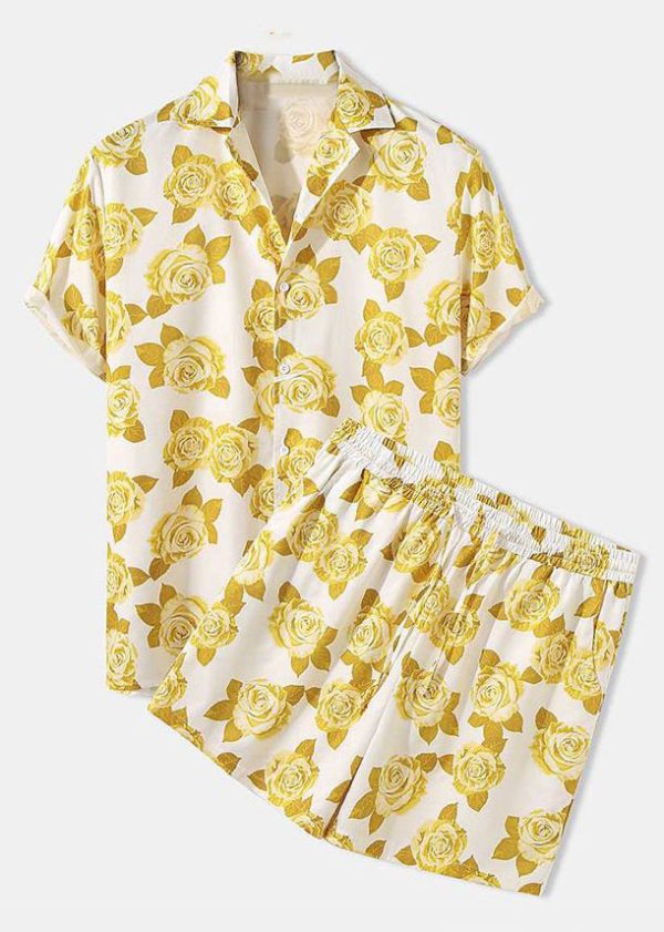 Chic Yellow Button Print Cotton Men Two Pieces Set Short Sleeve Online Hot Sale - Image 5