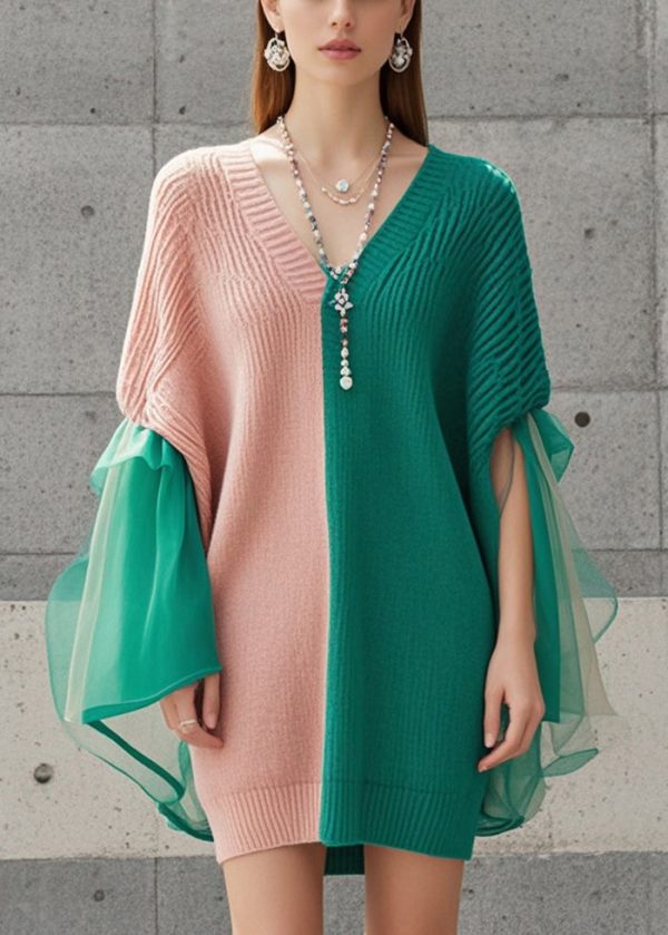Fashion Colorblock Asymmetrical Patchwork Tulle Knit Dress Fall Discount - Image 3