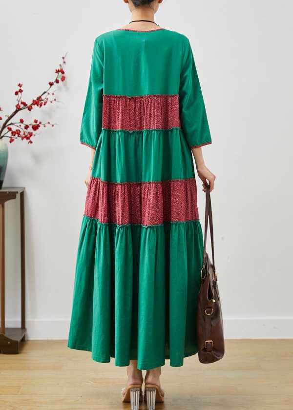Green Patchwork Cotton Holiday Dress Oversized Summer Supply - Image 4