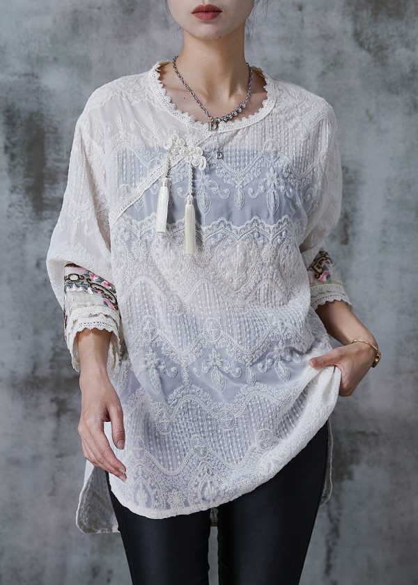 Beautiful White Tasseled Embroidered Cotton Top Summer Sale