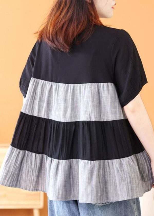 Handmade Black O-Neck Wrinkled Patchwork Top Short Sleeve Fashion - Image 3