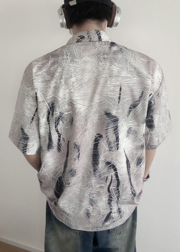 Art Grey Peter Pan Collar Print Cotton Men Shirt Summer Sale - Image 5