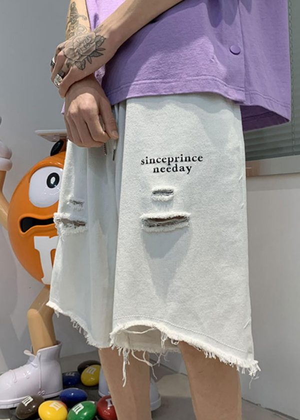 New Blue Hole Pockets Denim Men Wide Leg Shorts Summer Online Sale - Image 2