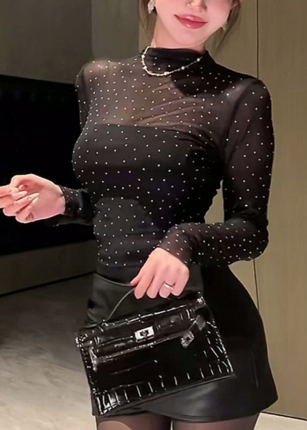 Style Sexy Black Half High Neck Zircon Tulle Top Fall Online Hot Sale