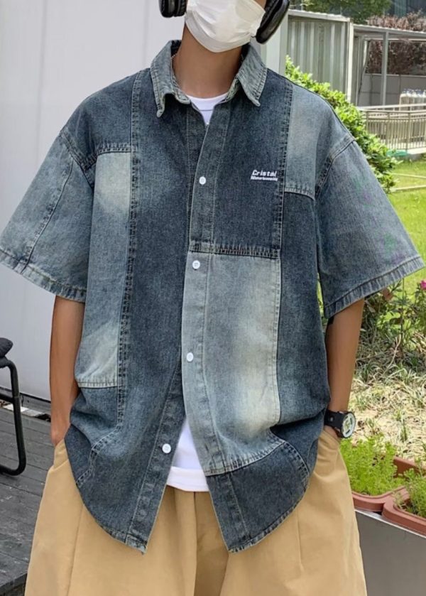 Style Blue Peter Pan Collar Patchwork Denim Men Shirts Summer Supply - Image 2