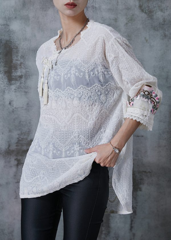 Beautiful White Tasseled Embroidered Cotton Top Summer Sale - Image 3