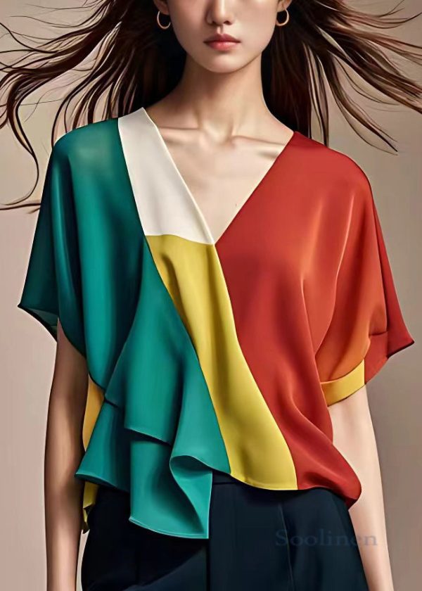 Stylish Red Asymmetrical Patchwork Chiffon Tops Summer For Discount
