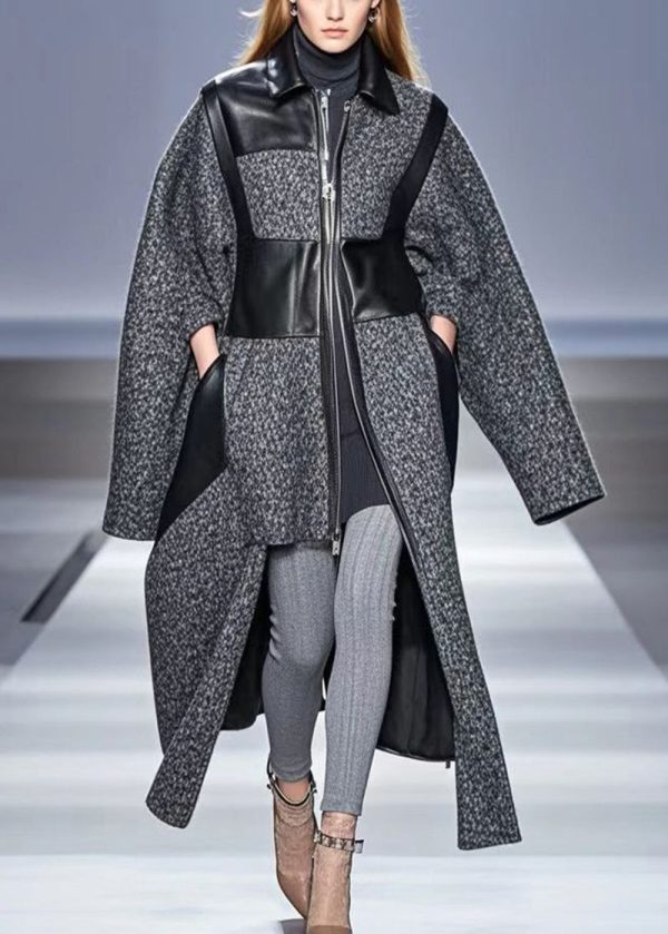 Art Grey Asymmetrical Patchwork Woolen Coats Fall Online Hot Sale - Image 3