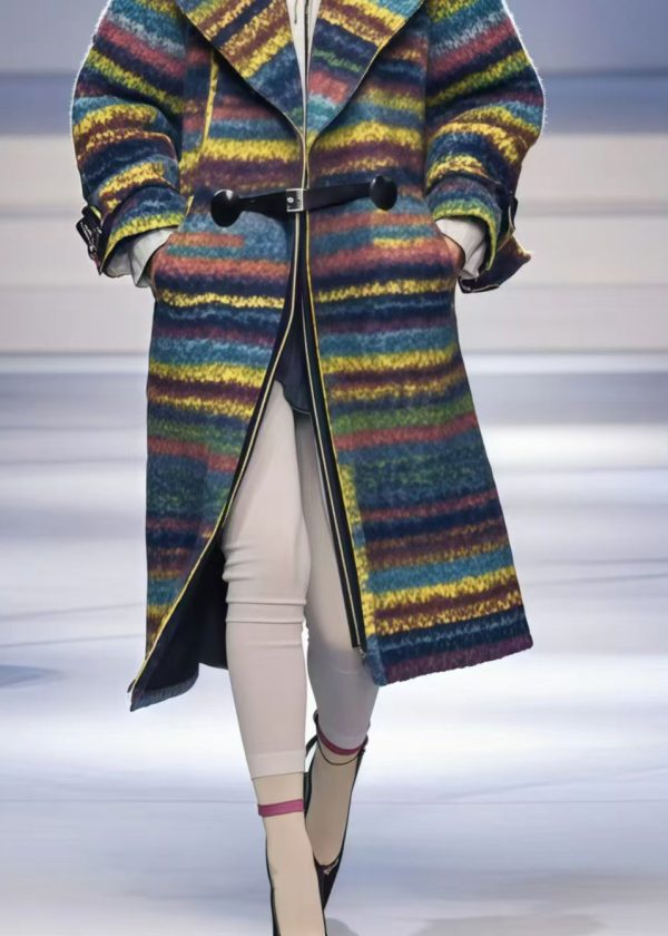 Elegant Multicolor Oversized Striped Woolen Trench Fall Sale - Image 4