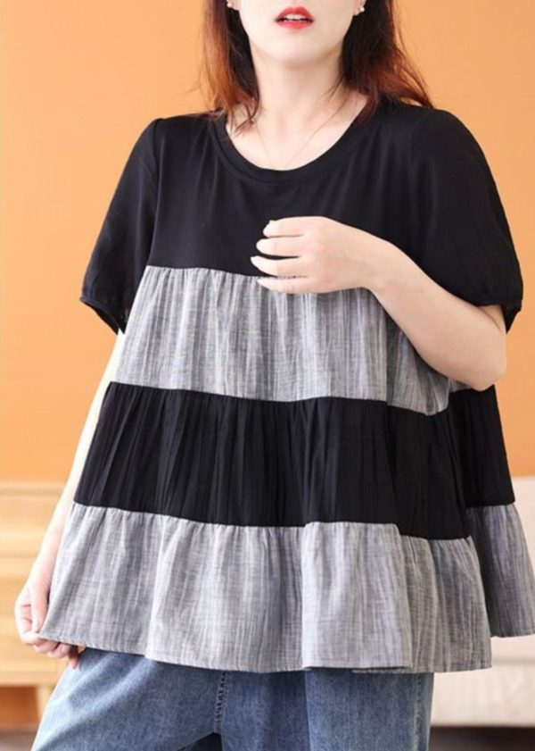 Handmade Black O-Neck Wrinkled Patchwork Top Short Sleeve Fashion