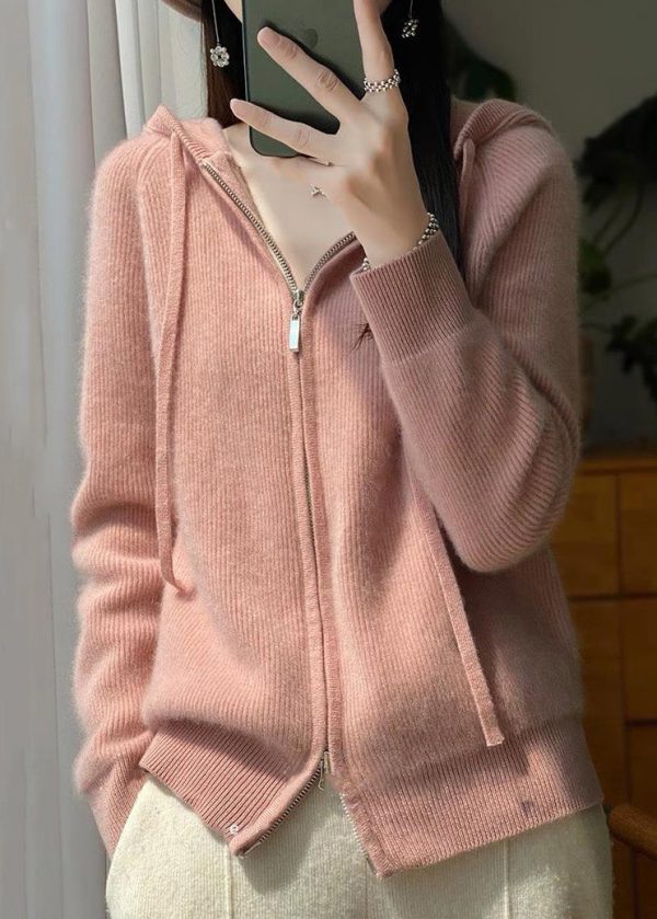 Elegant Pink Hooded Zip Up Wool Knit Coat Fall Hot on Sale